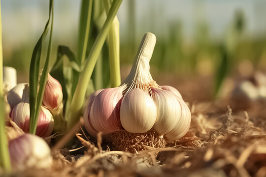 Close up on a garlic field with garlic, illustration. Generative AI. Plant, vegetables, veggies, food, spice, agriculture and agricultural, image