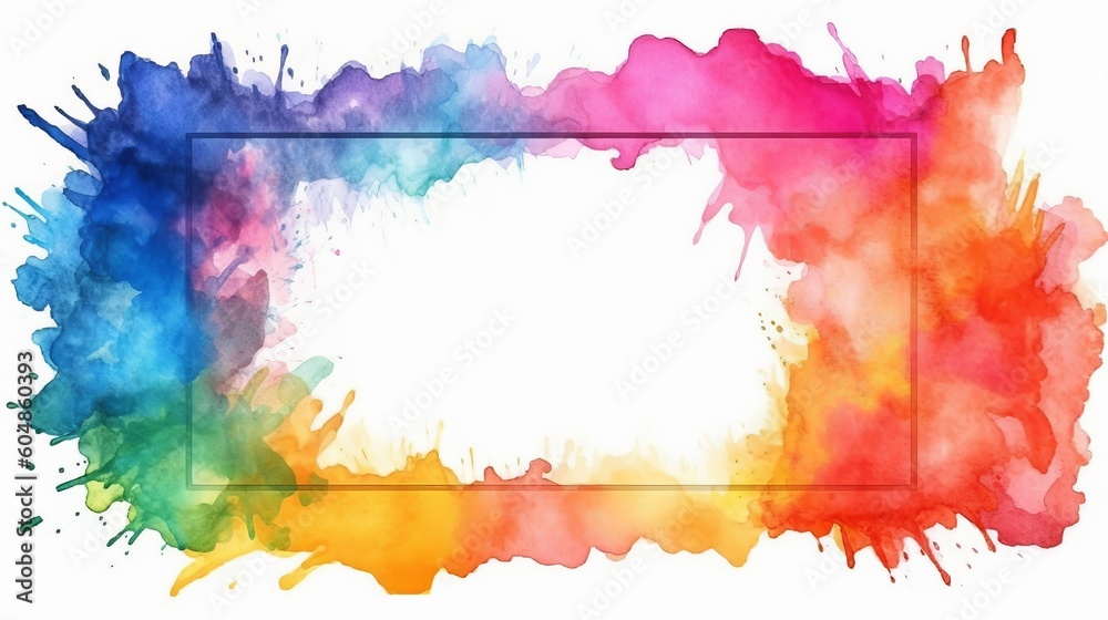 Poster Abstract colorful rainbow color painting illustration - Rectangular rectangle frame made of watercolor splashes, isolated on white background (Generative Ai).