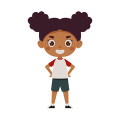 Cute little kid happy girl smile. Cartoon schoolgirl character show facial expression. Vector illustration