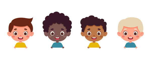 Set of multicultural kid boy heads. Children peeking out. Cartoon child characters. Vector illustration © Jexy