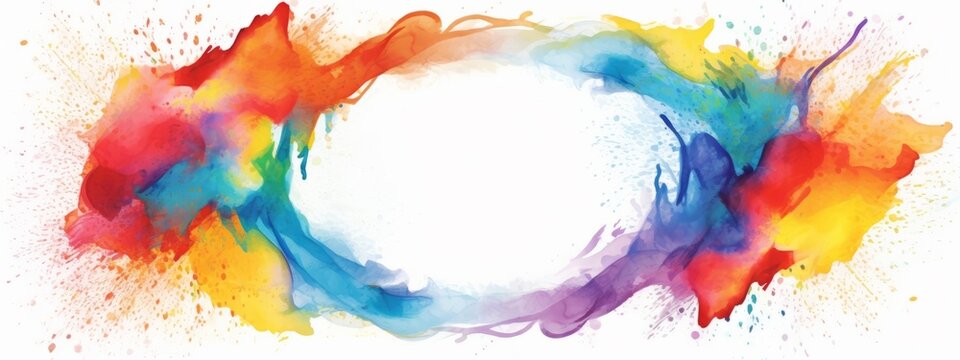 Abstract colorful rainbow color painting illustration - Elliptical ellipse frame made of watercolor splashes, isolated on white background (Generative Ai)