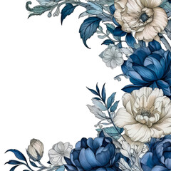 Watercolor Navy Floral Border Clipart with Transparent Background Illustration, Flowers, Botanical AI generated
