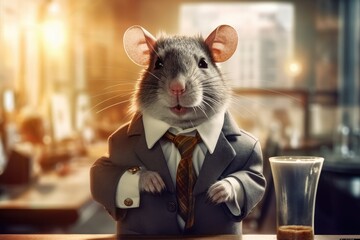 Illustration of a cute rat dressed in a suit and tie, rat dressed as an executive on top of a table, cartoon scene. Generative AI
