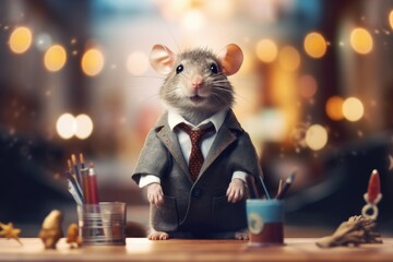 Illustration of a cute rat dressed in a suit and tie, rat dressed as an executive on top of a table, cartoon scene. Generative AI