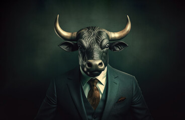 An image of a bull wearing a suit and tie, an elegant animal representing a businessman. Generative AI