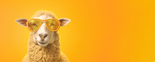 A funny sheep head with sunglasses on a sunny yellow background, ideal for summer-themed representations. Generative AI