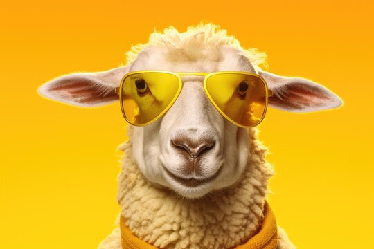 A funny sheep head with sunglasses on a sunny yellow background, ideal for summer-themed representations. Generative AI