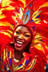 Fototapeta na wymiar In a sea of blurred faces, a woman in a vibrant feathered suit stands radiant. Her lively smile is a testament to the carnival's exuberant spirit. Generative AI