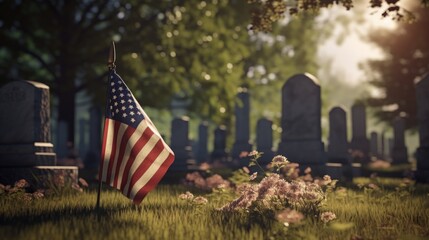 American flag in red, white, and blue over a cemetery, ideal for honoring the fallen for the country. Generative AI