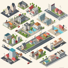 Cities mock up isometric vector set isolated