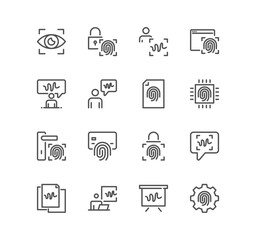 Set of biometric related icons, voice recognition, fingerprint, door lock, key and linear variety vectors.