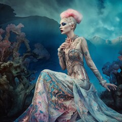 Obraz premium ethereal woman in fantastical garment against surreal landscape, fictional person created with generative ai