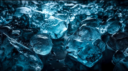 Ice cubes close-up on a dark background, generative AI.