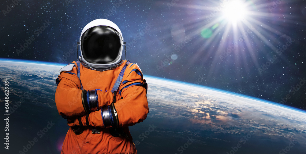 Aufkleber astronaut in space suit in space near earth surface. space collage with spaceman of artemis crew. ea