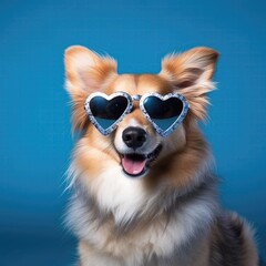 Dog With Heart Shaped Sunglasses Blue Background. Generative AI