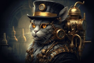 Gold Steampunk Cat On Smoke Steam Sparks Background. Generative AI