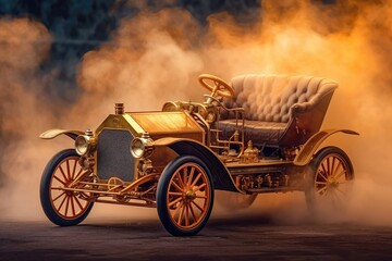 Fototapeta na wymiar Gold Steampunk Car On Smoke Steam Sparks Background. Generative AI