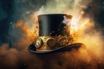 Gold Steampunk Hat On Smoke Steam Sparks Background. Generative AI
