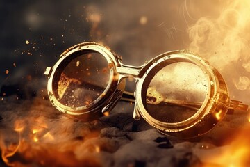 Gold Steampunk Glasses On Smoke Steam Sparks Background. Generative AI