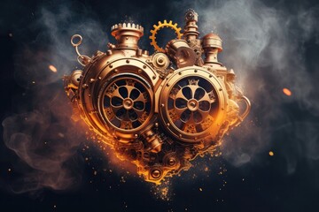 Gold Steampunk Heart Shape On Smoke Steam Sparks Background. Generative AI