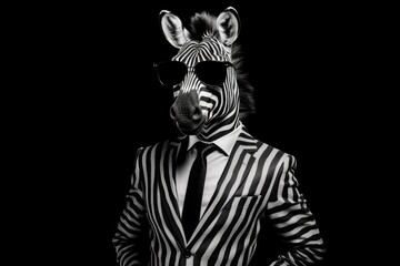 Happy Zebra In Suit And Sunglasses On Black Background. Generative AI