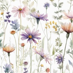Seamless summer pattern with watercolor wildflowers flowers.  Illustration. Generative AI. - obrazy, fototapety, plakaty