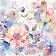 Seamless summer pattern with watercolor flowers.  Illustration. Generative AI. - obrazy, fototapety, plakaty