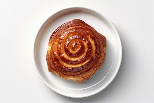 Top View Pain Au Chocolat On White Round Plate On White Background. Generative AI