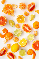 Many different citrus fruits layout pattern, top view