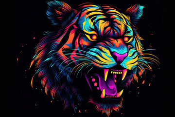 Tiger. Abstract, multicolored, neon portrait of a tiger in the style of pop art on a black background. Generative AI illustration