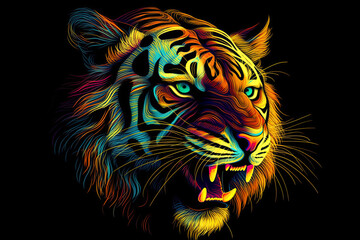 Tiger. Abstract, multicolored, neon portrait of a tiger in the style of pop art on a black background. Generative AI illustration