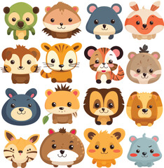 Isolated set with cute animals in cartoon style. Ideal kids design, for fabric, wrapping, textile, wallpaper, apparel, Collection, clip art, vector