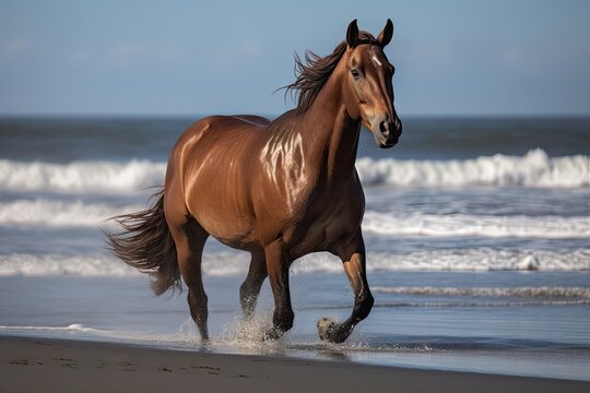 Chestnut Horse in Wild, Running Stallion by Seaside, Beautiful Horse, Abstract Generative AI Illustration