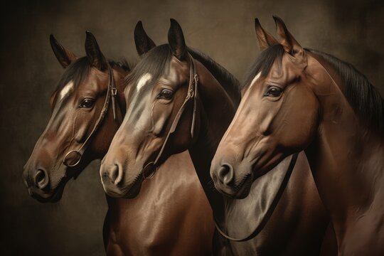 Chestnut Horses Family Painting, Beautiful Brown Horse, Abstract Generative AI Illustration