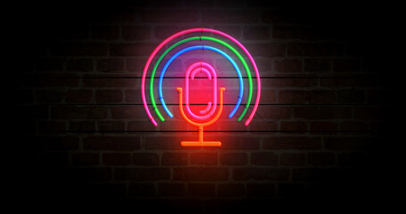 Microphone icon music podcast symbol neon light 3d illustration