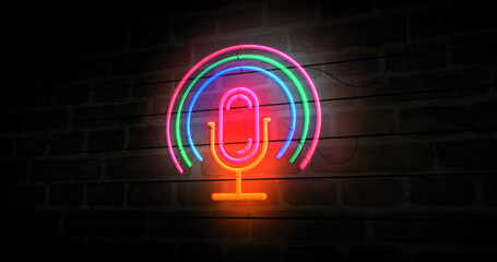 Microphone icon music podcast symbol neon light 3d illustration