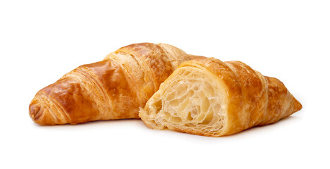 single piece of croissant with half isolated on white background with clipping path and shadow in...