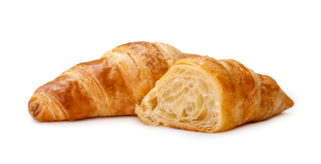 single piece of croissant with half isolated on white background with clipping path and shadow in png file format
