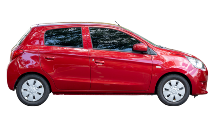 Side view of red hatchback car isolated on white background with clipping path in png file format