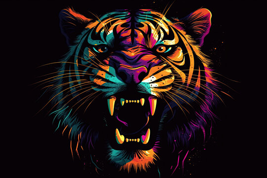 Tiger. Abstract, multicolored, neon portrait of a tiger looking forward, in the style of pop art on a black background. Generative AI illustration