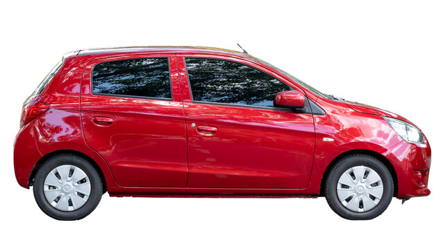 red hatchback car isolated on white background with clipping path in png file format