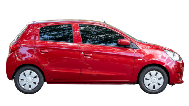 Side view of red hatchback car isolated on white background with clipping path in png file format