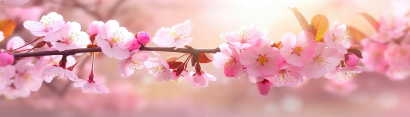Cherry Blossom Trees With A Softly Blurred Springtime Atmosphere Banner Background. Generative AI