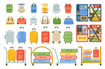 Travel luggage set. Plastic suitcase, fabric backpacks and bags