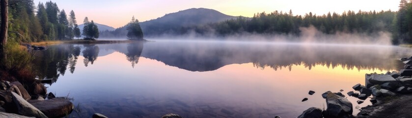 Calm Lake Surrounded By Misty Mountains At Sunrise Banner Background. Generative AI