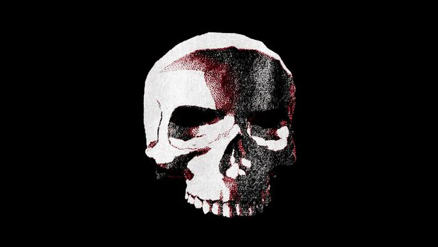 Spinning skull, paper doodle-style 2D animation on black background, cel-shaded stylised rubber-stamp print textured drawn artwork. Looping clip for music video edits, halloween, VJ etc.