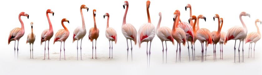 Many Flamingos Sitting A Whitte Banner Background. Generative AI