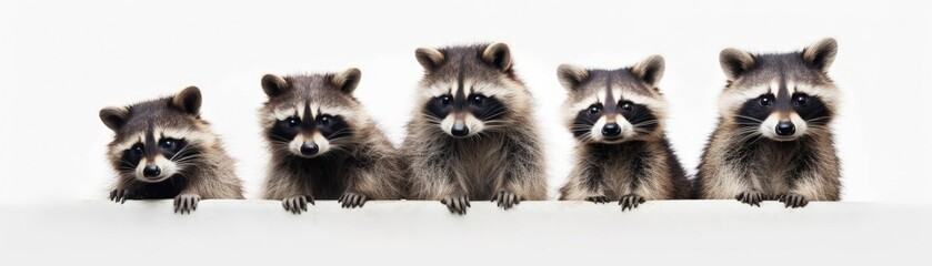 Many Raccoons Sitting A Whitte Banner Background. Generative AI