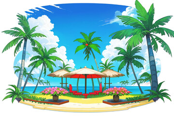 Naklejka na ściany i meble Resort, vacation, beach, summer, coconut tree, tropical plant, flowers, colorful, round podium, tropical. Generative AI.