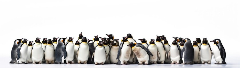 Many Penguins Sitting A Whitte Banner Background. Generative AI